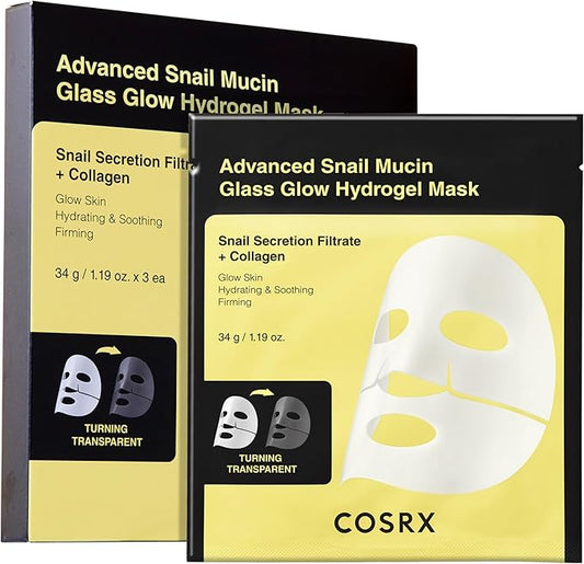 COSRX Advanced Snail Mucin Glass Glow Hydrogel Face Masks Skincare, Collagen Mask, Overnight Peel Off Korean Face Mask for Hydration Boost, Glass Skin Face Mask Korean Skincare, Pack of 3
